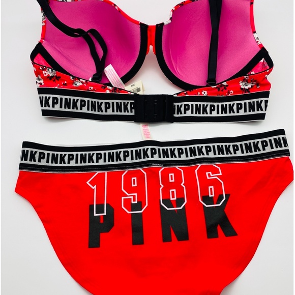 Victoria's Secret PINK NEW RARE BRA 36B AND BIKINI (M) SET RED/BLACK FLORAL - Picture 7 of 10